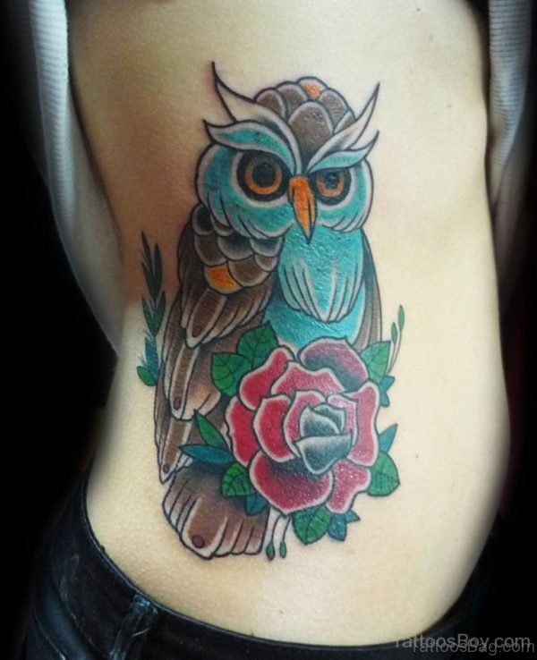 Owl And Rose Tattoo On Rib
