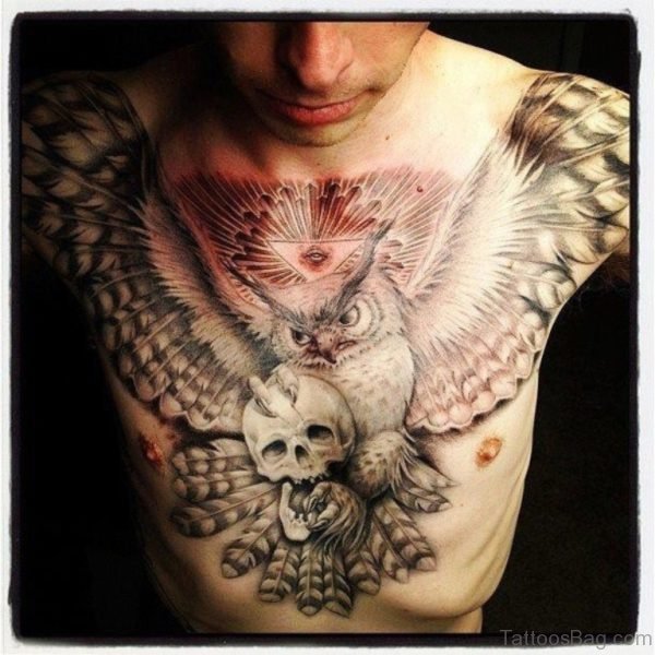 Owl And Skull Tattoo On Chest