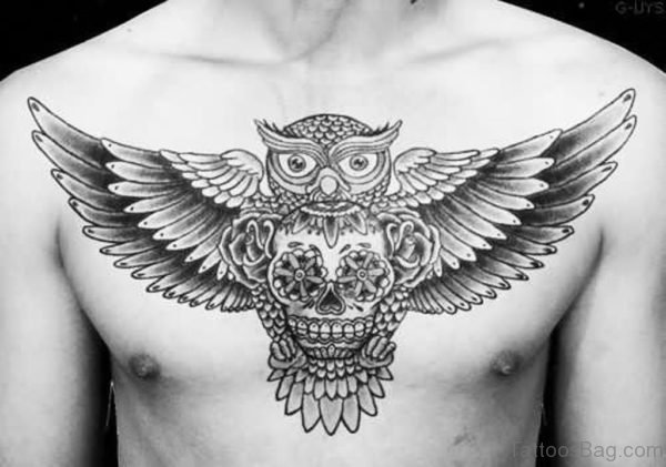Owl Sugar Skull Tattoo On Chest