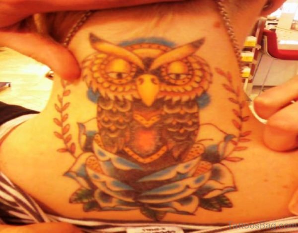 Owl Tattoo On Neck Back 