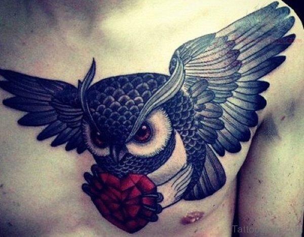 Owl With Diamond Heart Tattoo on Chest