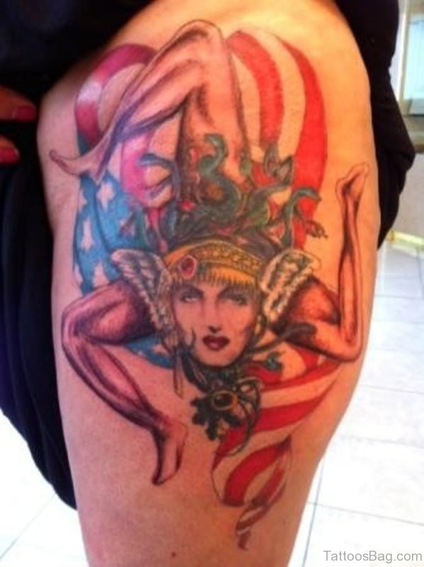 Patriotic Sicilian Medusa Tattoo On Thigh