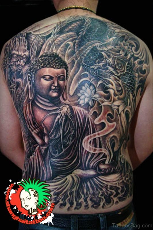 Peace Buddha Tattoo With Dragon