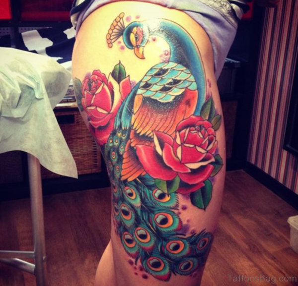 Peacock And Red Rose Tattoo