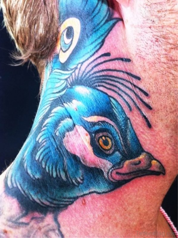 Peacock Face Tattoo On Neck