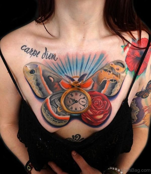 Piece Clock Rose and Moth Tattoo