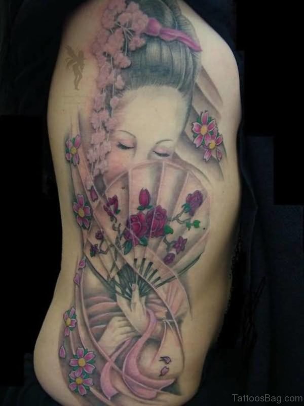 Pink Flowers And Geisha Tatto