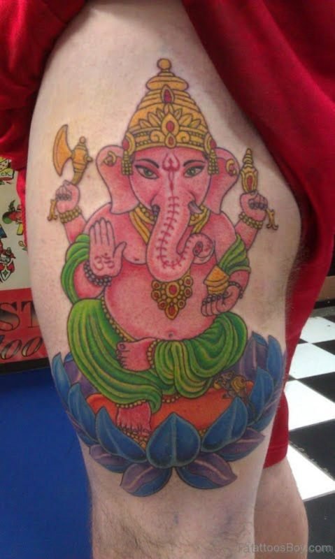 Pink Ganesha Tattoo On Thigh