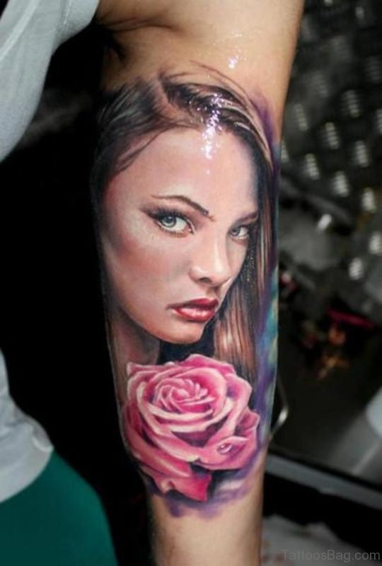 Pink Rose And Girl Portrait Tattoo ST1302