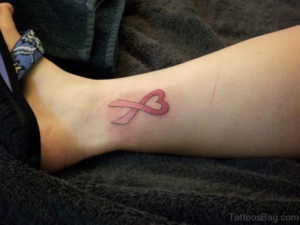 Pink Heart Ribbon Tattoo On Leg