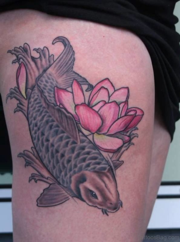 Pink Lotus And Fish Tattoo 