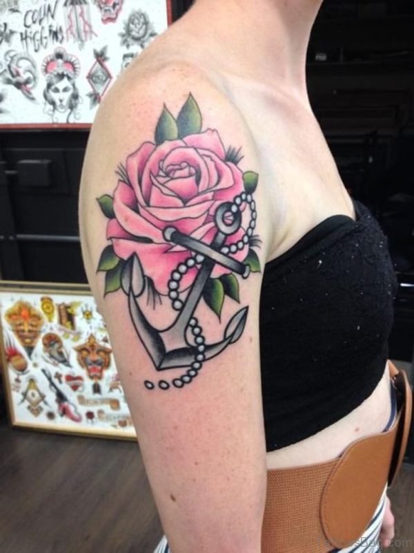 Pink Rose And Anchor Tattoo
