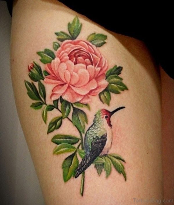 Pink Rose And Bird Tattoo On Thigh