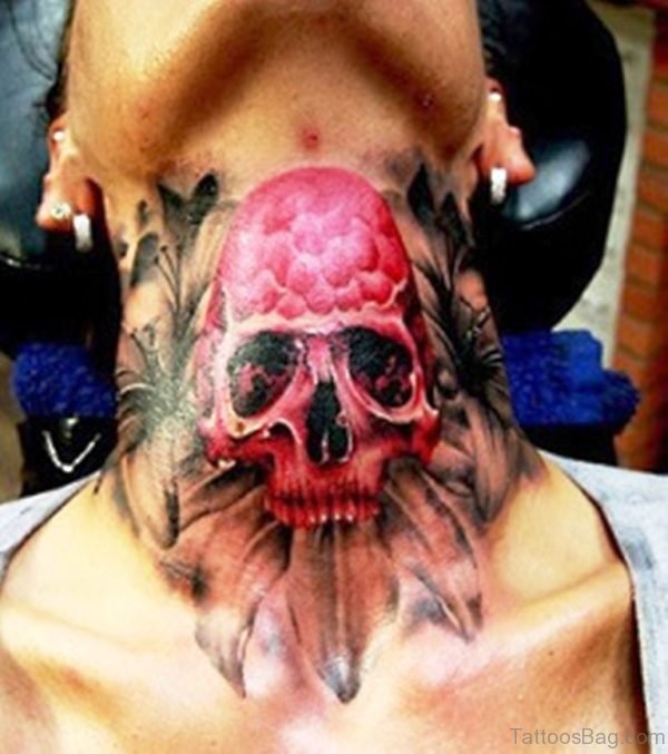 Pink Skull Tattoo On Neck
