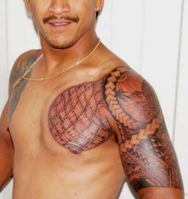 Polynesian Red Samoan Tattoo On Right Shoulder