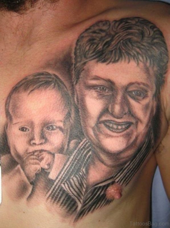 Portrait Family Tattoo Design On Chest