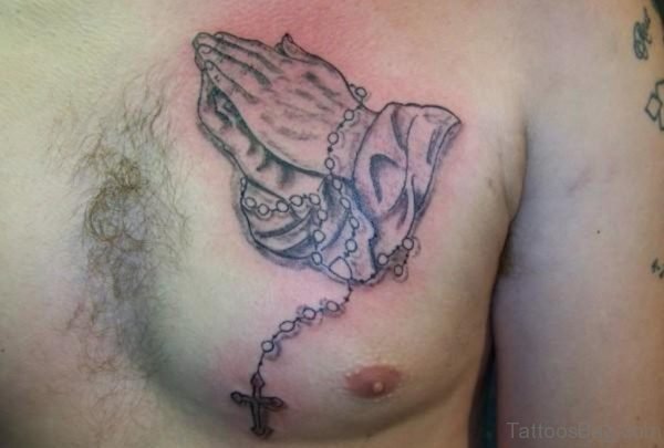 Praying Hands Rosary Tattoo On Chest