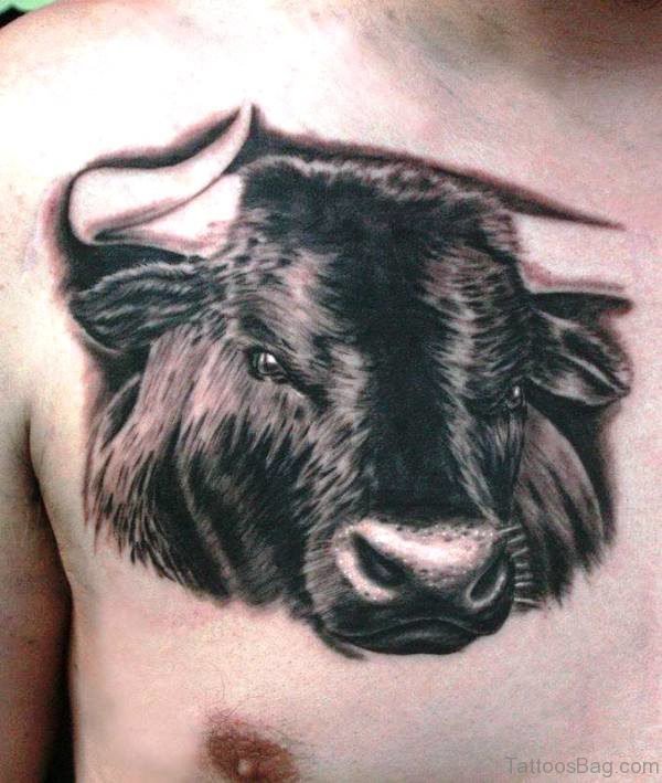 Pretty Black Bull Tattoo On Chest