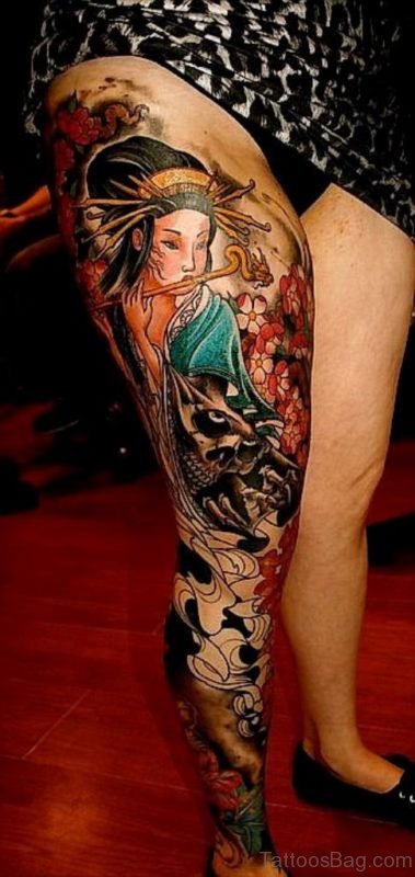 Pretty Geisha Tattoo On Thigh