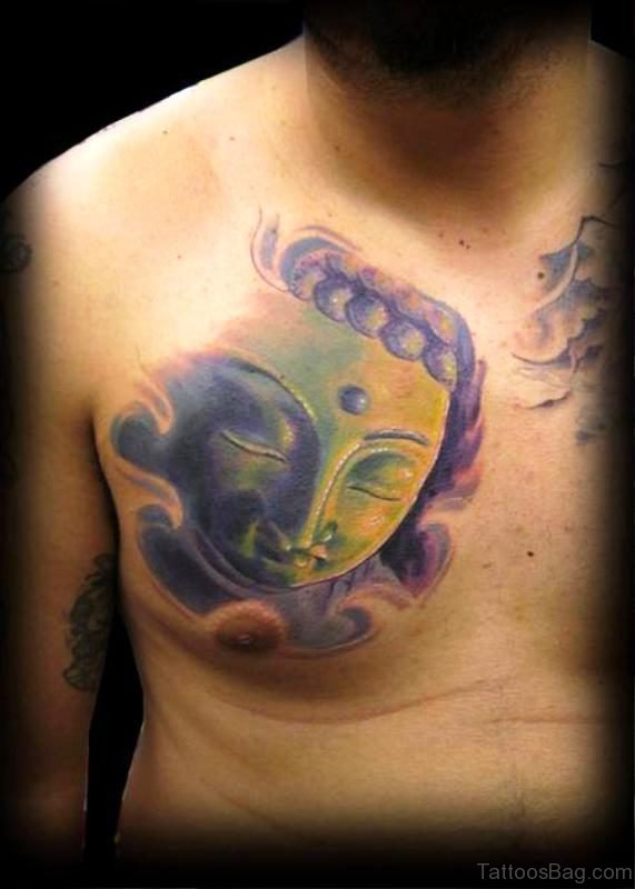 Purple And Green Colored Buddha Tattoo