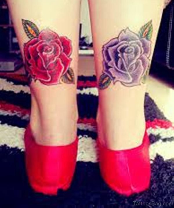 Purple And Red Ink Rose Tattoos On Ankle