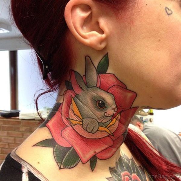Rabbit In Rose Tattoo On Neck