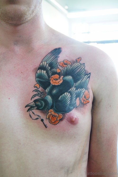 Raven With Flower Tattoos On Chest