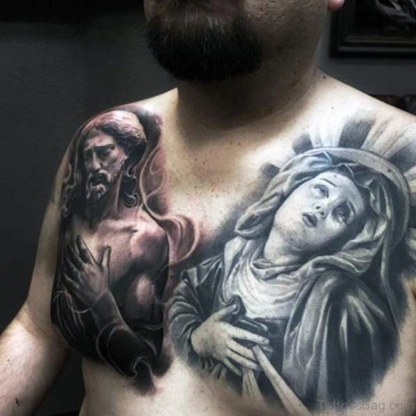 Realistic 3d Mens Jesus And Virgin Mary Chest Tattoo