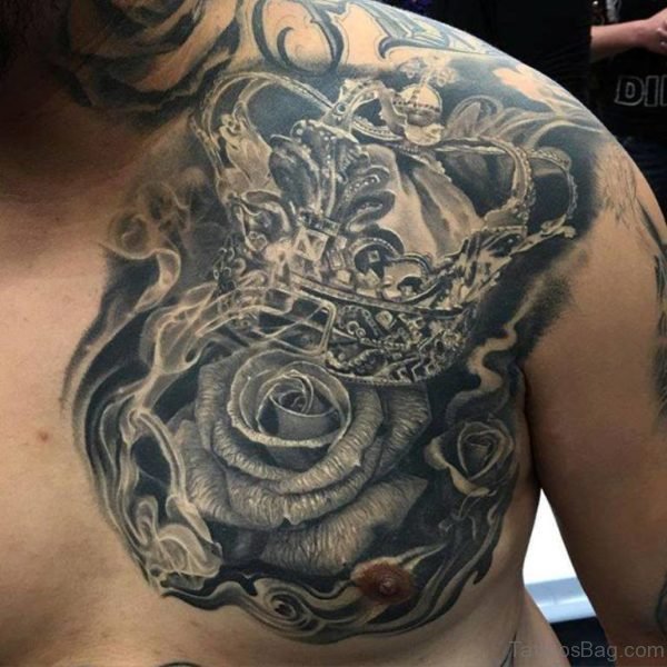 Realistic Black And Grey Rose And Crown Tattoo