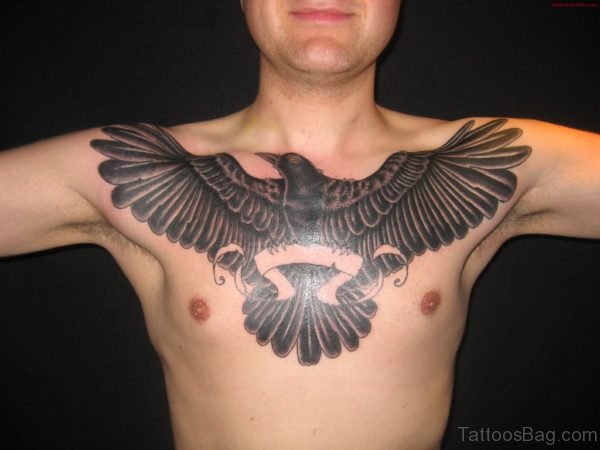 Realistic Black Crow Tattoo On Chest 