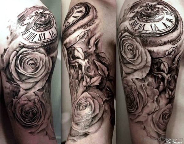 Realistic Clock And Roses Shoulder Tattoo Design