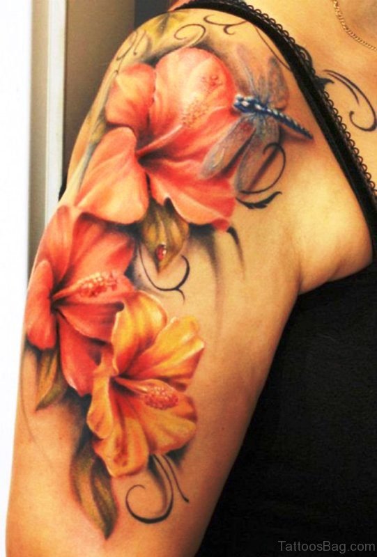 Realistic Flowers With Tattoo On Shoulder
