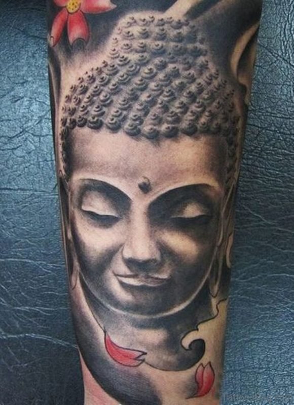 Realistic Grey Ink Buddha Tattoo