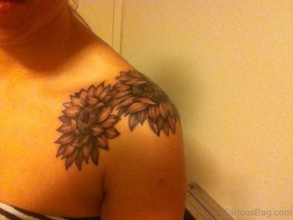 Realistic Grey Ink Sunflower Tattoos For Shoulder