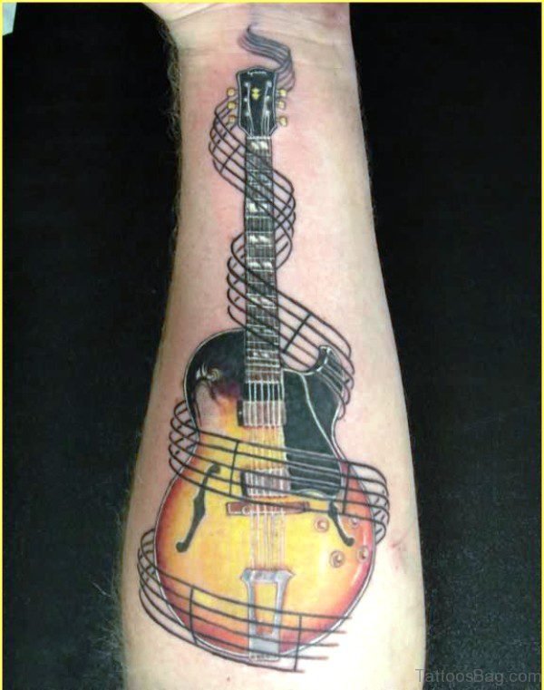 Realistic Guitar Tattoo On Forearm