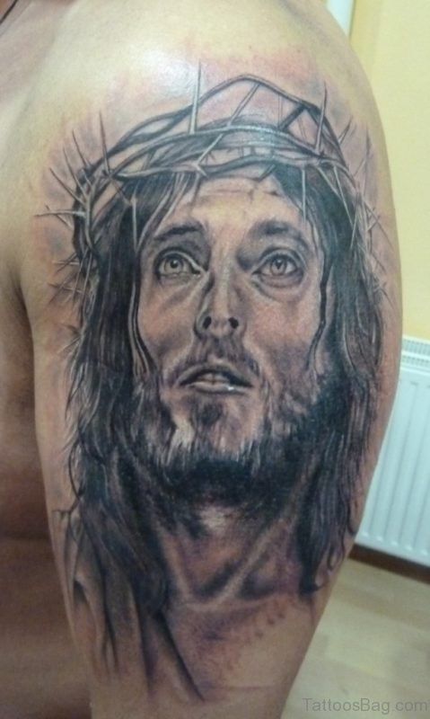 Realistic Jesus Tattoo On Shoulder