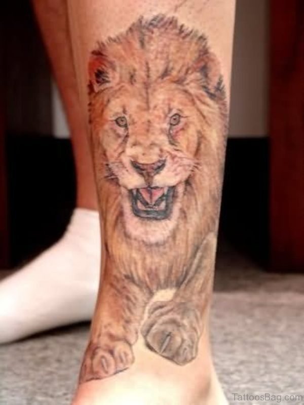 Realistic Lion Tattoo On Leg