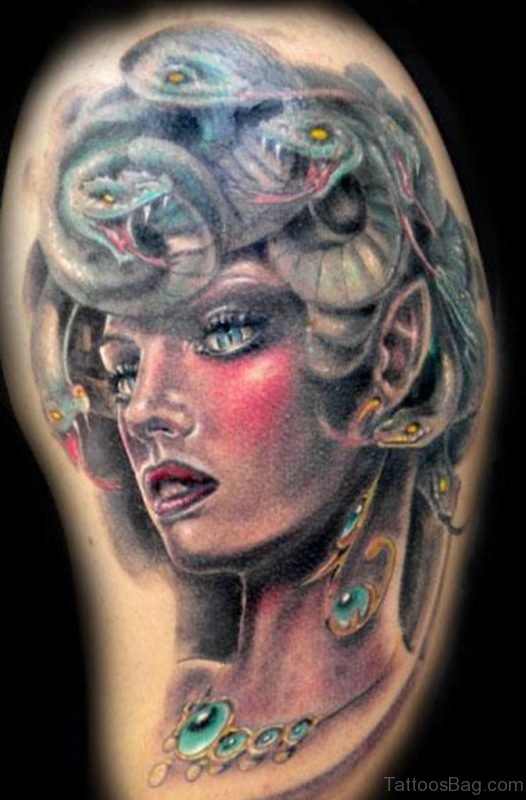 Realistic Medusa Girl Tattoo On Shoulder