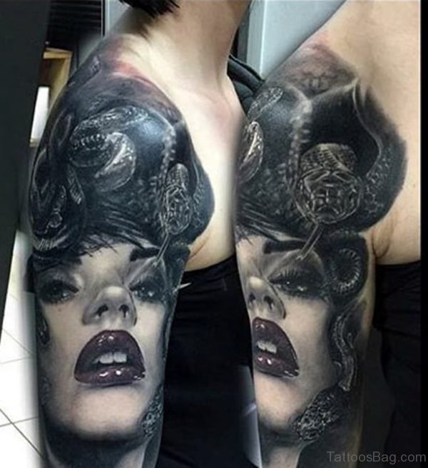 Realistic Medusa Tattoo on Shoulder
