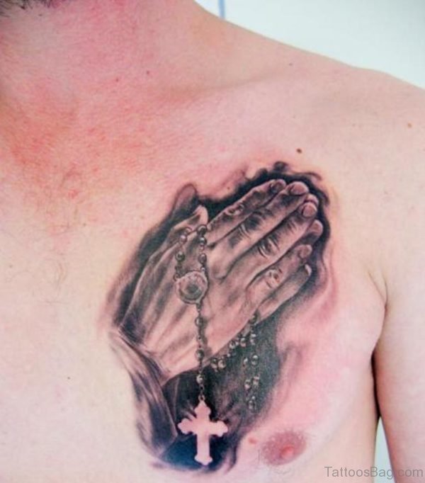 Realistic Praying Hands With Rosary Tattoo On Chest