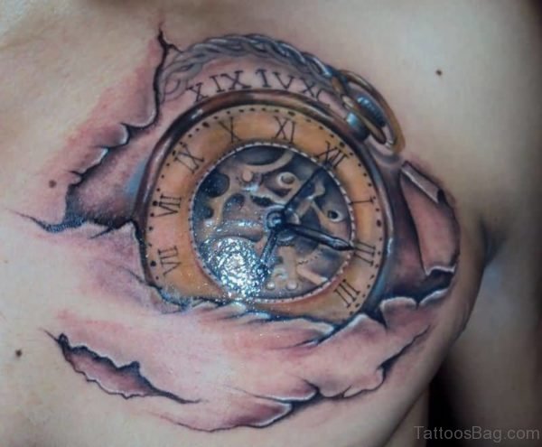 Realistic Ripped Skin Clock Tattoo For Men