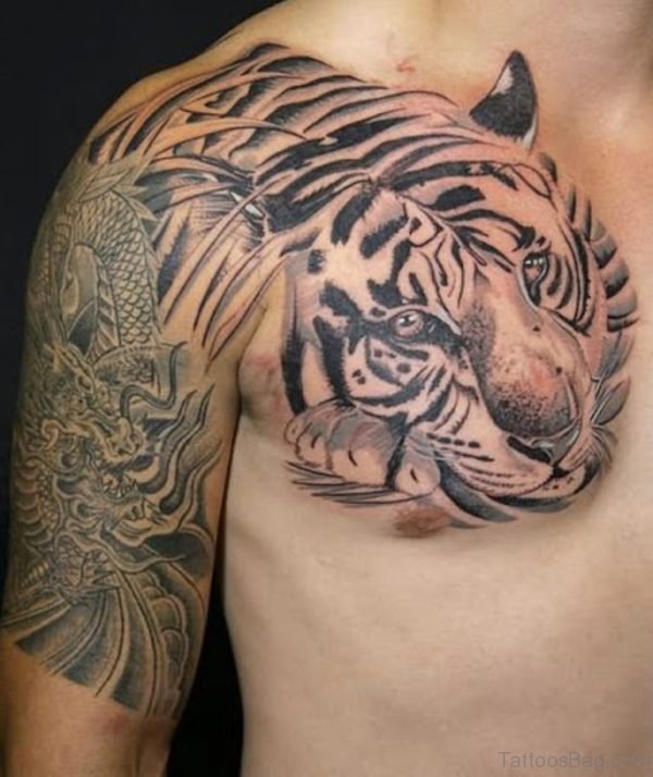 Realistic Tribal Tiger Tattoo On Chest
