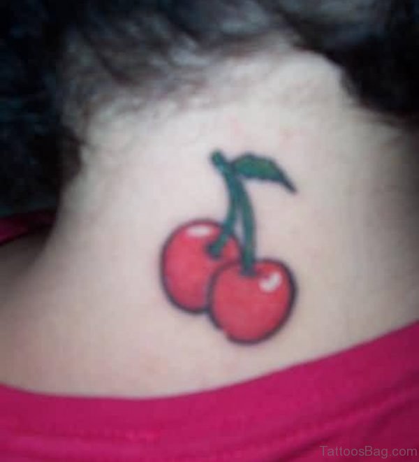 Red Cherry Tattoo On Neck