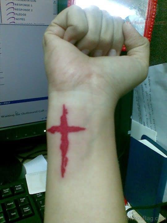 Red Cross Tattoo On Side Wrist