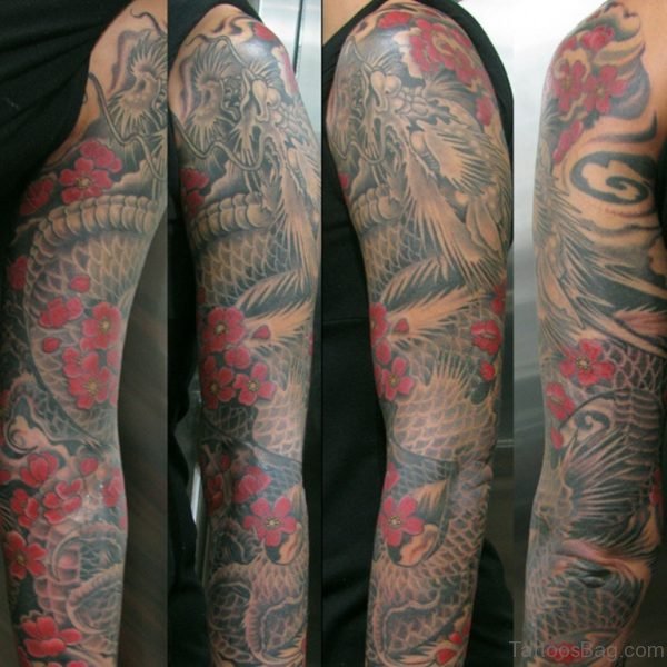 Red Flower And Dragon Tattoo