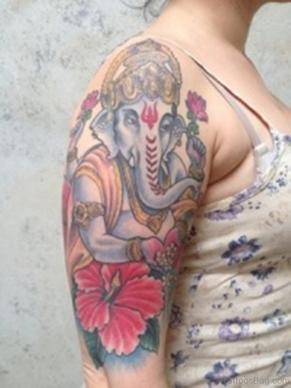 Red Flower And Ganesha Tattoo