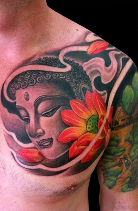 Red Flower Tattoo On Chest