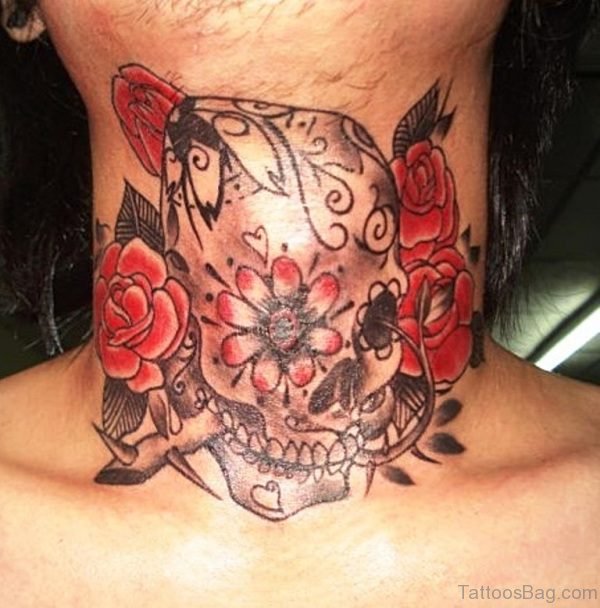 Red Flowers And Skull Neck Tattoo