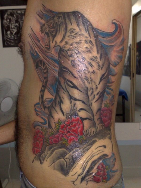 Red Fower And Tiger Tattoo