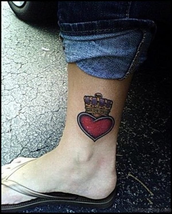 Red Heart With Crown Tattoo On Side Leg